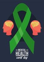 world mental health day campaign with brains profiles and ribbon vector