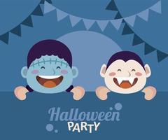 happy halloween party with dracula and frankenstein vector