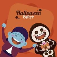 happy halloween party with skeleton and frankenstein vector