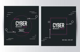 Carteles de rebajas de cyber monday con marcos cuadrados. vector