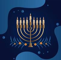 happy hanukkah celebration with candelabrum and leaves vector