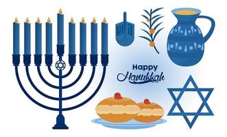 feliz celebración de hanukkah con candelabro e iconos vector