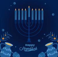 happy hanukkah celebration with candelabrum and teapots vector