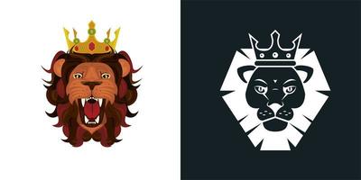 cabezas de leones como iconos coloridos y monocromáticos vector