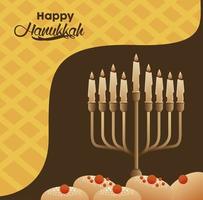 feliz celebración de hanukkah con candelabro y panes vector