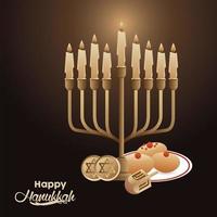 happy hanukkah celebration with candelabrum and dreidels and food vector