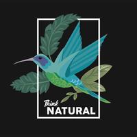 cartel de marco floral con cita natural pensar y pájaro vector