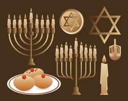 feliz celebración de hanukkah con candelabros y establecer iconos vector