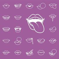 mouth with tongue out and bundle of pop art mouths line style vector