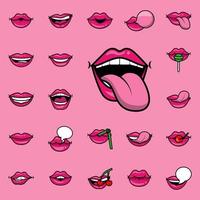mouth with tongue out and bundle of pop art mouths fill style vector