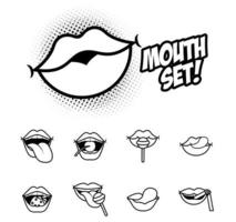 bundle of nine pop art mouths line style icons vector