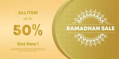 Ramadan sale social media banner design, vector illustration. Promotion template for Islamic community, gold colors.