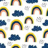 nubes de patrones sin fisuras, fondo de ilustración vectorial con arco iris y lluvia. estilo infantil dibujado a mano. dibujo para textil infantil y bebé, estampado de indumentaria. vector