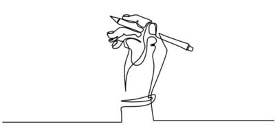 dibujo de una línea de mano sosteniendo una pluma escribiendo en un papel. Ilustración de vector de boceto continuo de minimalismo, estilo de diseño de simplicidad.