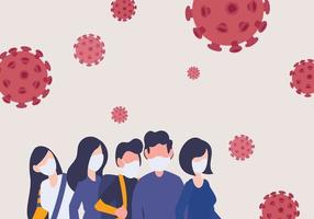 Crowd of people wearing medical masks, banner and poster campaign fight for Cocid-19 Coronavirus epidemic concept. Global pandemic virus alert, flat digital vector. Respiratory disease, virus spread. vector