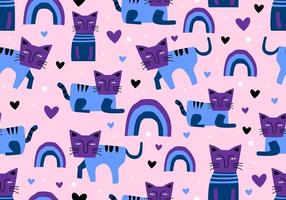 Cats seamless pattern, childish drawing Scandinavian style. Cute character funny poses. vector