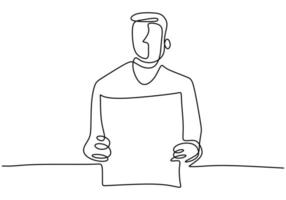 A man holding a blank paper roll. Continuous one line drawing. vector