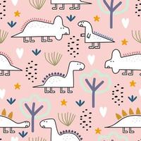 Dinosaur seamless pattern, vector illustration with childish drawing pastel colors. Cute monster characters in jungle.