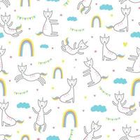 Cat unicorn seamless pattern. Trendy childish drawing style. vector