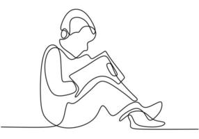 Continuous one line drawing. Boy sitting and writing on copybook. vector