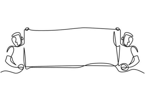 Continuous one line drawing with two man holding blank signboard.