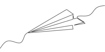 Paper plane continuous one line drawing, minimalism vector illustration. Symbol of creative and travel