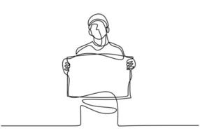 A man holding a blank paper roll. Continuous one line drawing. vector