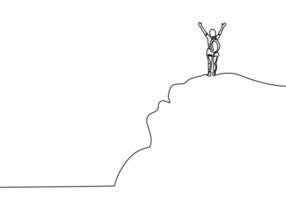 One line drawing, person raising hands on peak of mountain, freedom, happiness, and joyful moment metaphor concept. vector