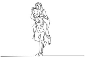 Continuous line drawing. Romantic couple in love. A man carrying a woman on his shoulder. Minimalism contour hand drawn.