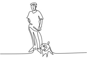 One line drawing of young happy man playing with his dog. Pet love and care concept. Vector illustration