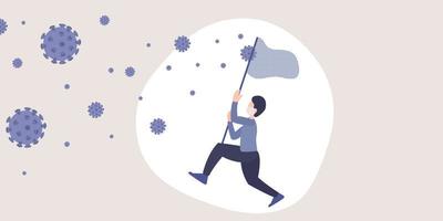 Coronavirus 2019-nCoV metaphor flat illustration. Vector of a man trying catch virus in the air with net stick.