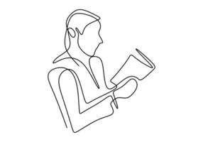 Continuous one line drawing of person sitting and reading a book. vector