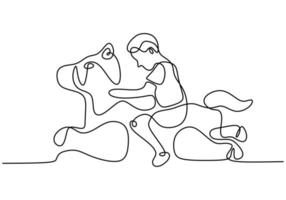 Continuous one single line drawn little children riding a carousel on a horse. Playing with horse toys. Vector illustration