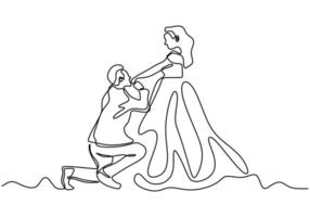 dibujo de línea continua. pareja romántica, un hombre besa la mano de una mujer, proponiendo matrimonio. minimalismo dibujado a mano. vector