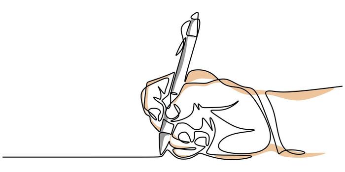 One line drawing of hand holding a pen writing on a paper. Minimalism continuous sketch vector illustration, simplicity design style.