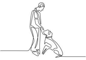 dibujo de una línea de joven feliz jugando con su perro. concepto de amor y cuidado de mascotas. ilustración vectorial vector