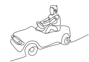 A boy playing with his toy car. Happy driving her car. Playing boy driving on car. One line continuous. Vector illustration