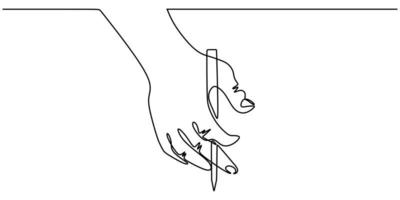 One line drawing of hand holding a pen writing on a paper. Minimalism continuous sketch vector illustration, simplicity design style.