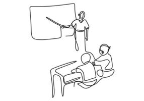 Single continuous line drawing of teacher explain something and giving education to student with blank board. vector