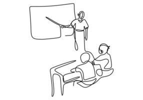 Single continuous line drawing of teacher explain something and giving education to student with blank board. vector