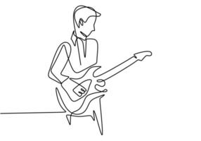 Person sings a song with acoustic guitar. Young happy male guitarist. Musician artist performance concept single line draw design illustration.