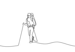 one line drawing of traveler walking continuous design. Person doing hiking on mountain outdoor vector