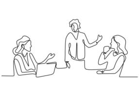 Continuous line drawing of office workers at business meeting. Teamwork with group of man and woman. vector