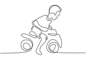 A boy playing with his motorbike toy. Continuous one line. vector