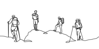 Group of hikers. One line drawing of people hiking on mountain. Continuous hand drawn vector illustration