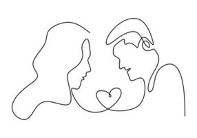 Continuous line drawing. Romantic couple. Lovers theme concept design. One hand drawn minimalism. Metaphor of love vector illustration, isolated on white background.