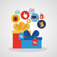 Giftbox with online shopping technology icons vector