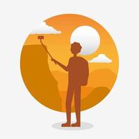 Wanderlust landscape with tourist man taking a selfie vector