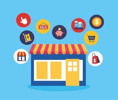 Store building with online shopping technology icons vector