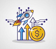 Money, finances and technology concept with rocket launching vector